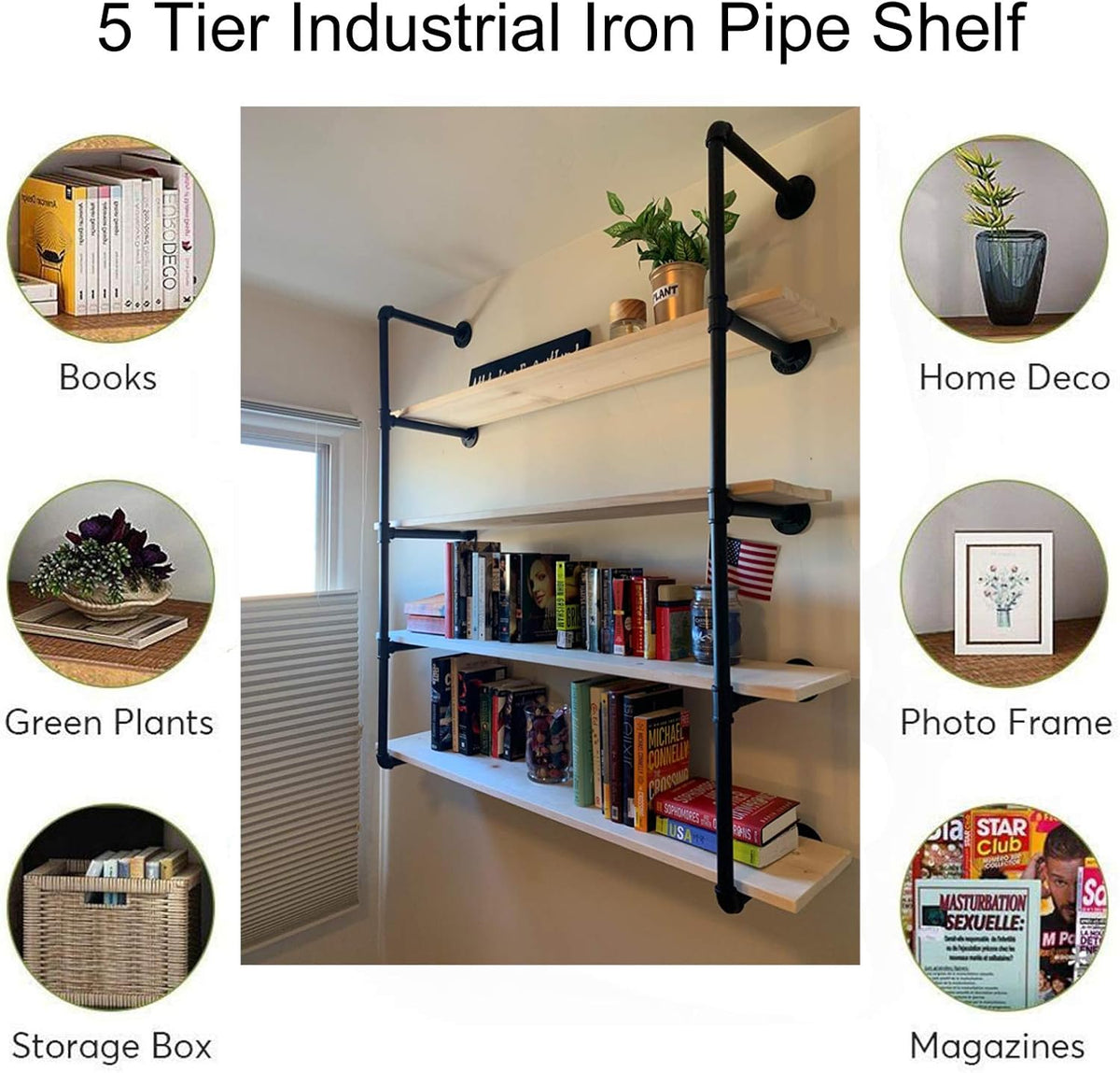 5 Tier Industrial Iron Pipe Wall Mount Bookshelf, 2 Pack 52 Inch C1871