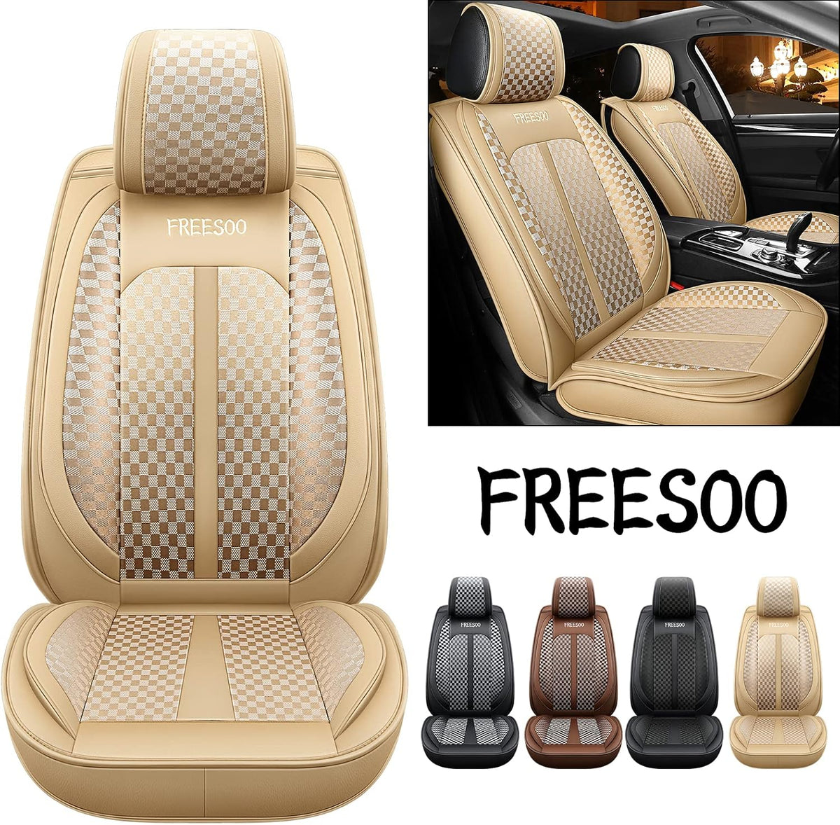 Beige Leather Linen Full Set Car Seat Covers X92130