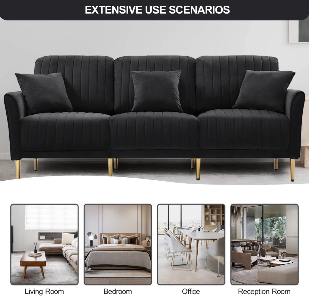 Black Velvet 3-Seater Sofa with Metal Legs and 3 Pillows K830401