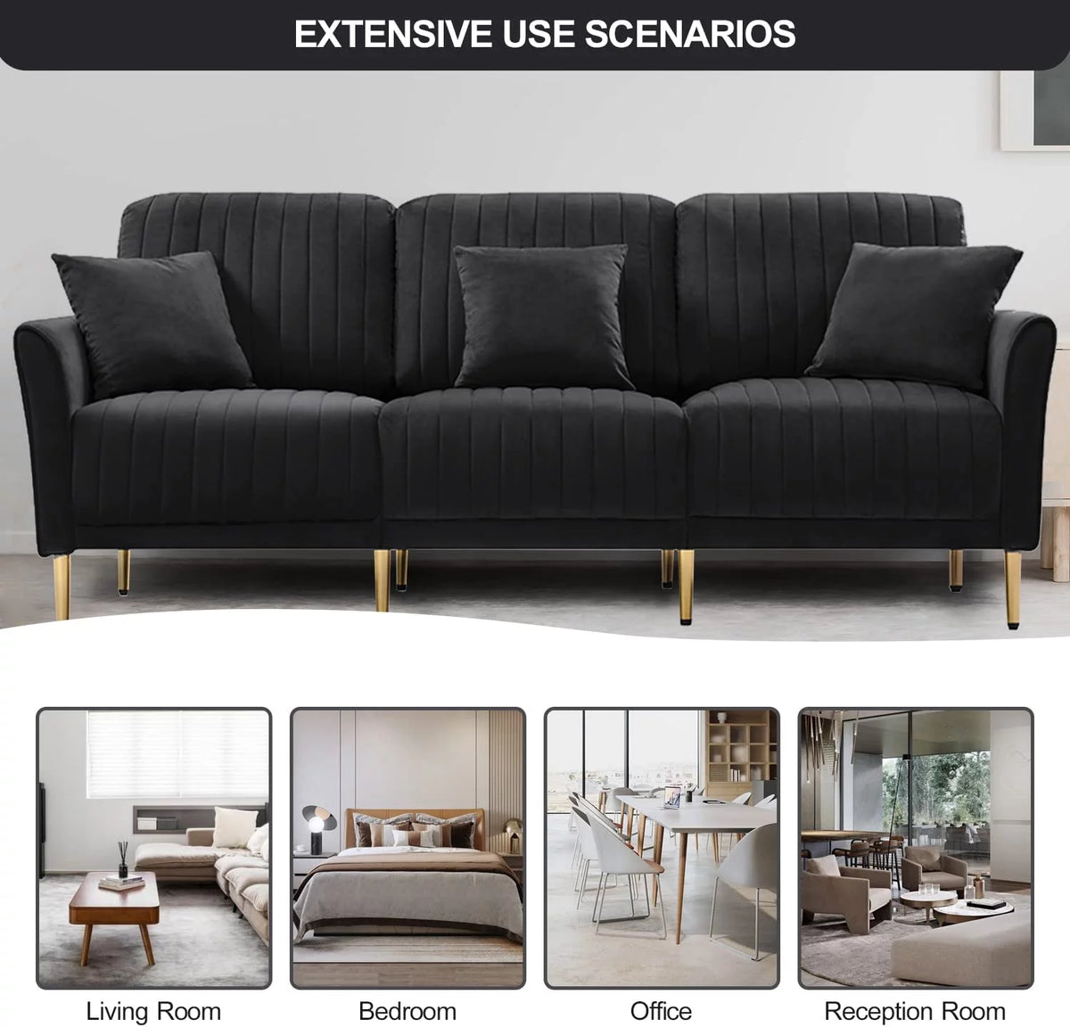 Black Velvet 3-Seater Sofa with Metal Legs and 3 Pillows K830401
