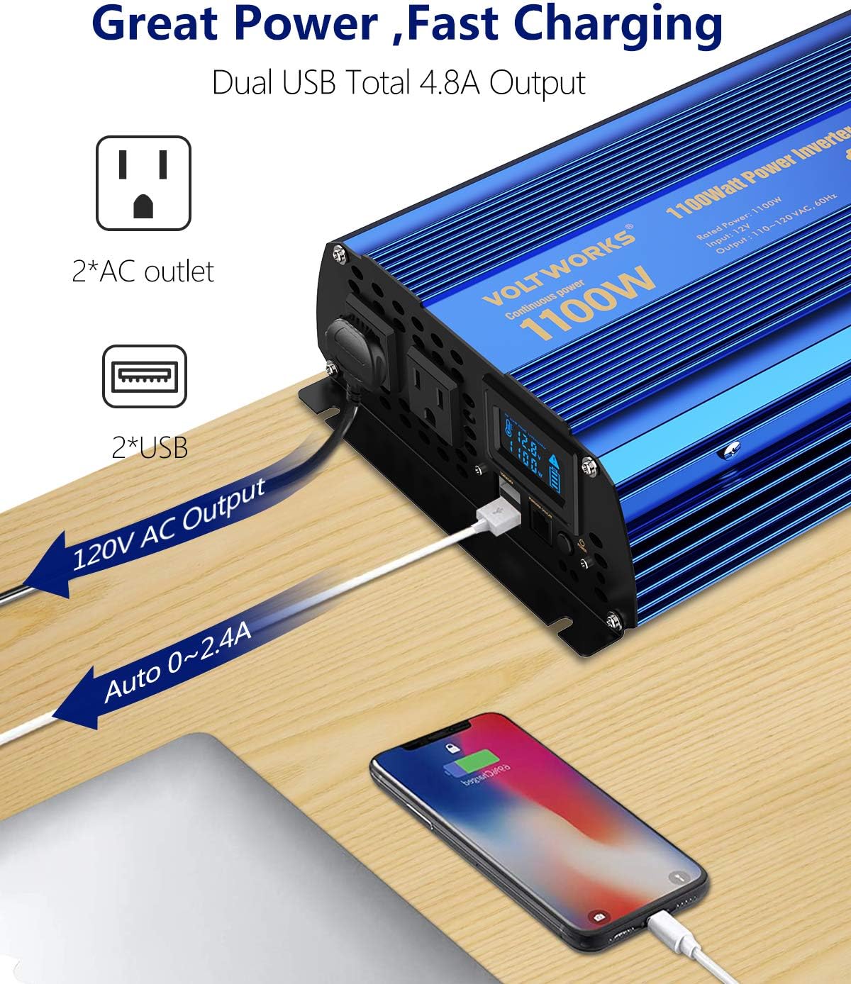 1100 watt Modified Sine Wave Power Inverter with LCD Display Remote Control 2AC Outlets Dual USB Ports P8435