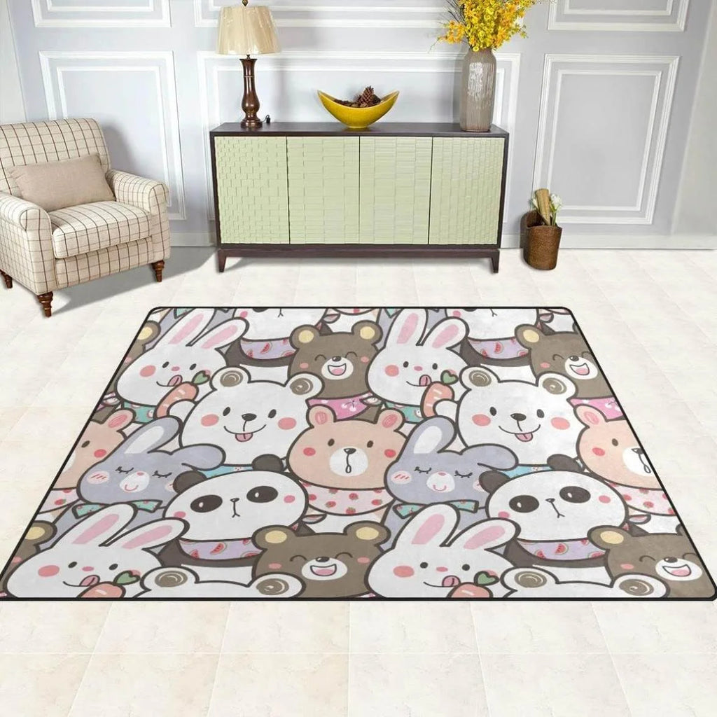 Panda and Bunny Illustration Design Area Rug, 80"x 58" Washable Non Slip Soft Carpet U7871