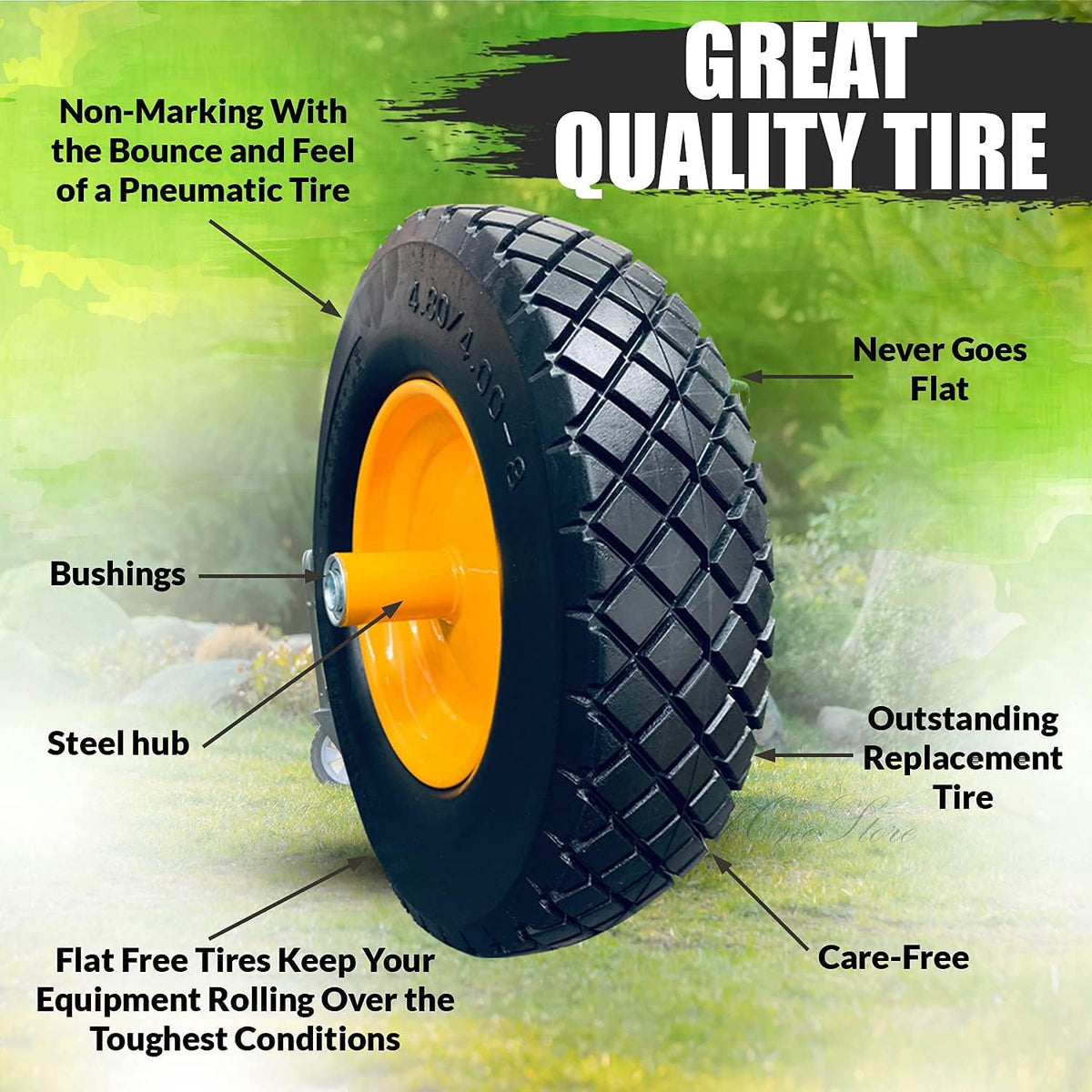 2Pk 4.80/4.00-8 Flat Free Solid Wheelbarrow Tire with Steel Rim B9390