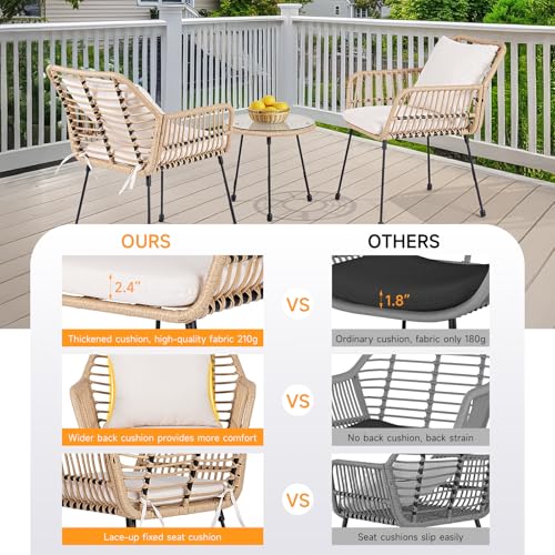 3 Piece Beige Wicker Patio Bistro Set with Cushions G798998