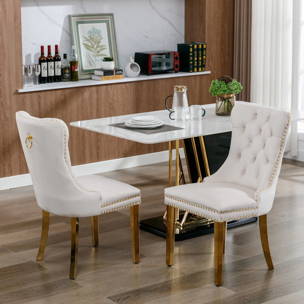 Beige Velvet Dining Chair Set of 2 with Gold Legs E914484