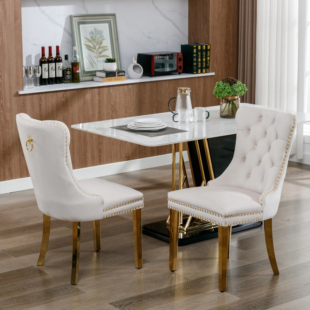 Beige Velvet Dining Chair Set of 2 with Gold Legs E914484