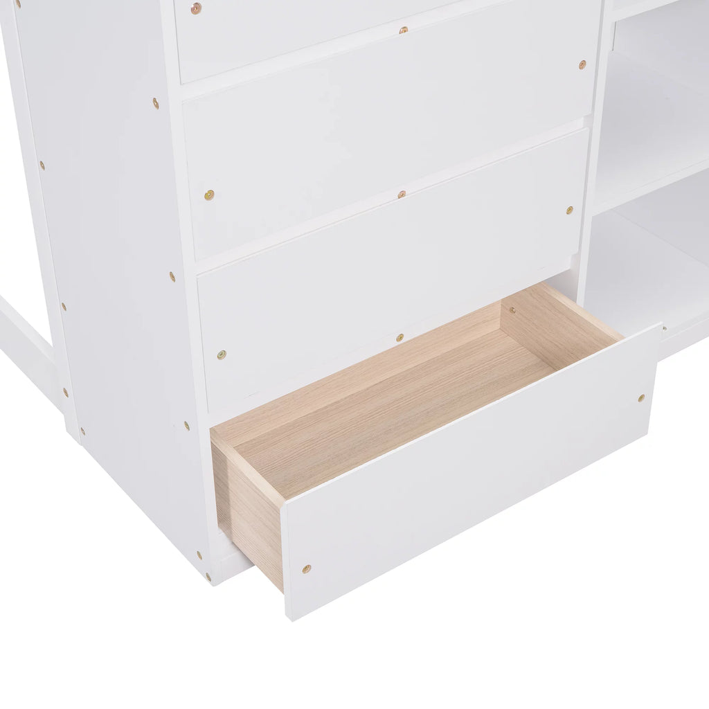 White Wood Twin Over Twin Bunk Bed with Storage Y258