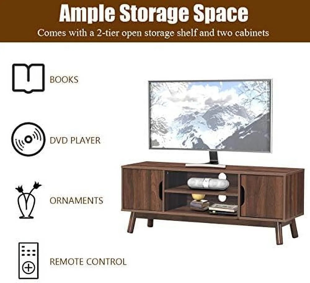 Mid-Century Wooden TV Stand with 2 Cabinet Doors and 2 Open Shelves C229482