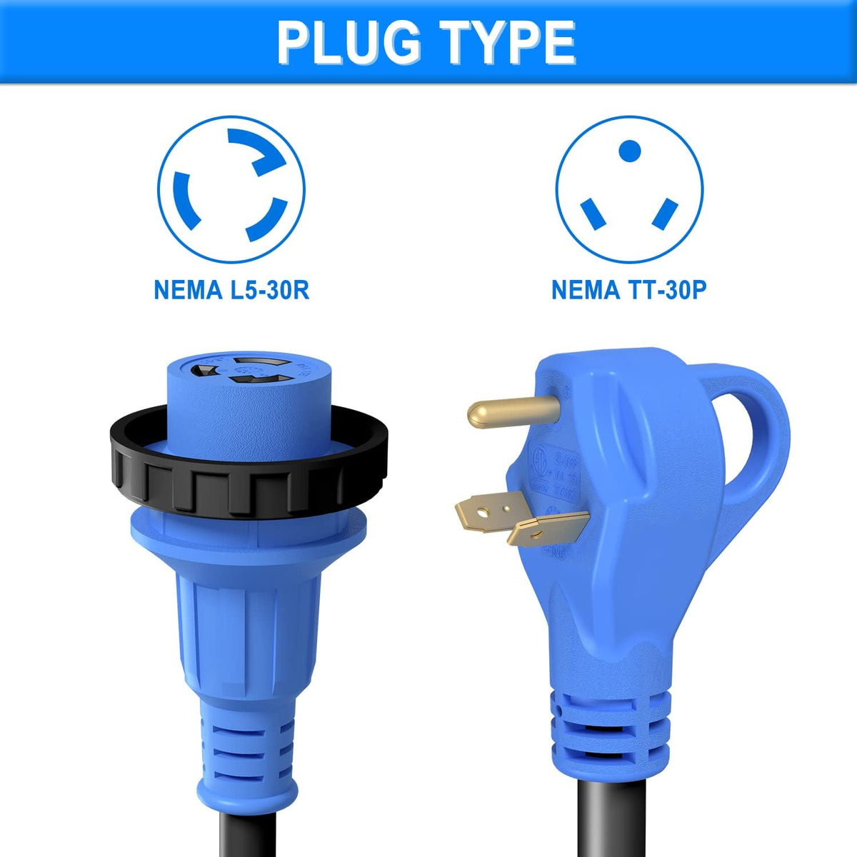 30 Amp 25 Feet RV Extension Cord with Polarity LED Light, Grip Handle, Twist Locking, STW 10AWG 3 Wire, NEMA TT-30P to L5-30R, Pack of 2 Y68276