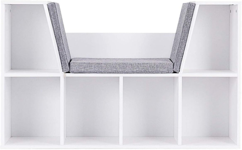 6-Cubby Kid Storage Bookcase Cushioned Reading Nook Bench I96147
