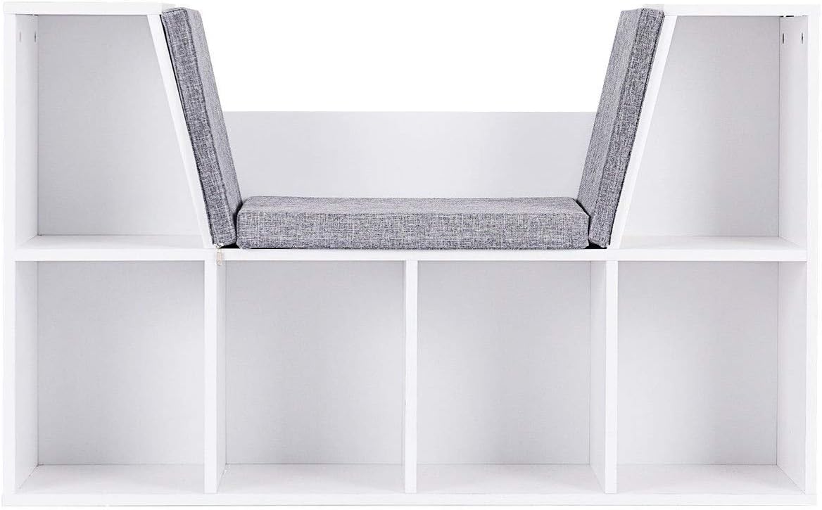 6-Cubby Kid Storage Bookcase Cushioned Reading Nook Bench I96147
