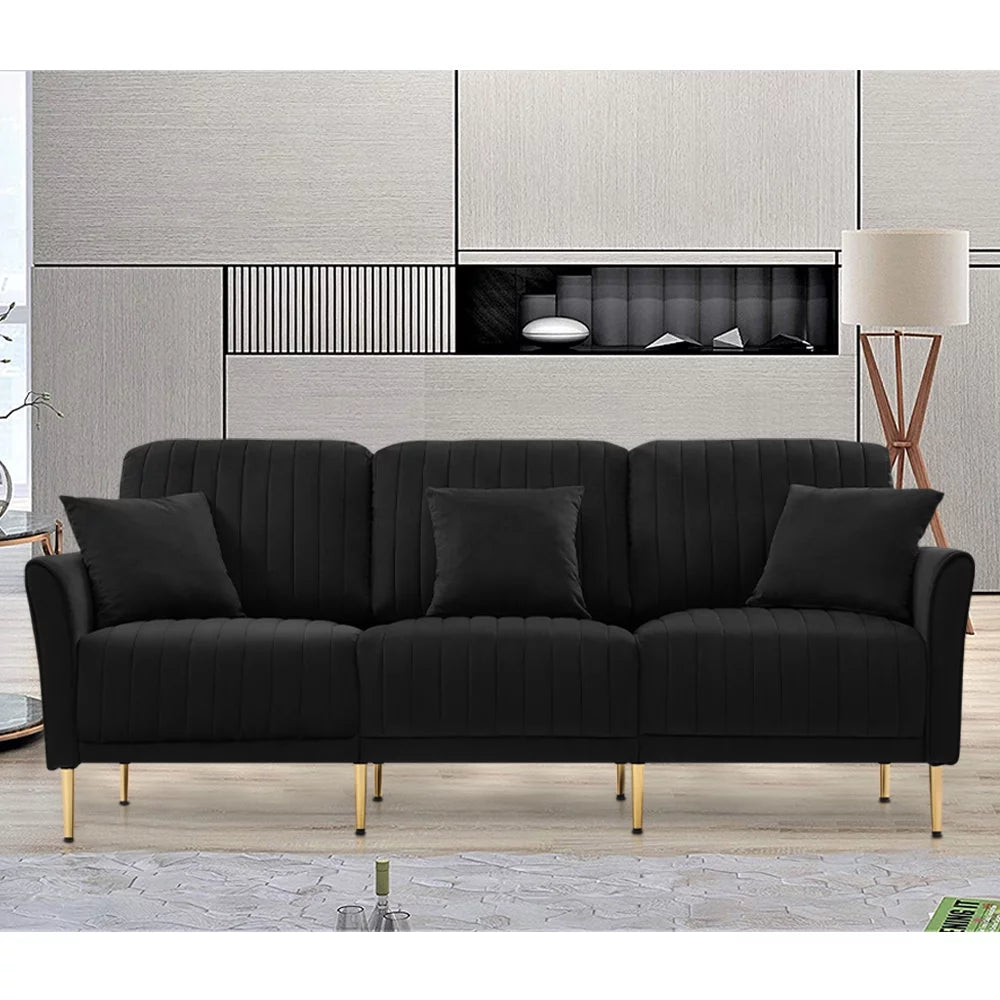 Black Velvet 3-Seater Sofa with Metal Legs and 3 Pillows K830401