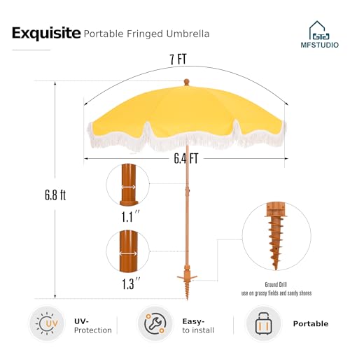7ft Beach Umbrella with Fringe, UPF50+, Carry Bag L898