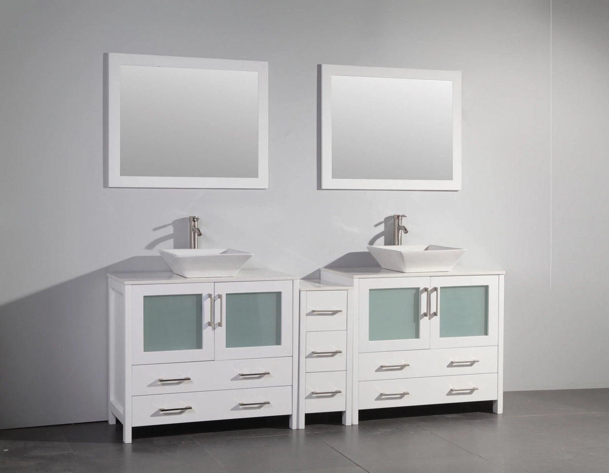 84 in. Double Sink Vanity Cabinet with Ceramic Vessel Sink & Mirror White B791