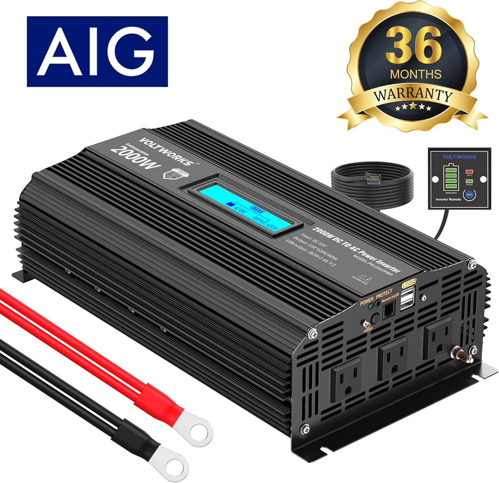 1100 watt Modified Sine Wave Power Inverter with LCD Display Remote Control 2AC Outlets Dual USB Ports P8435