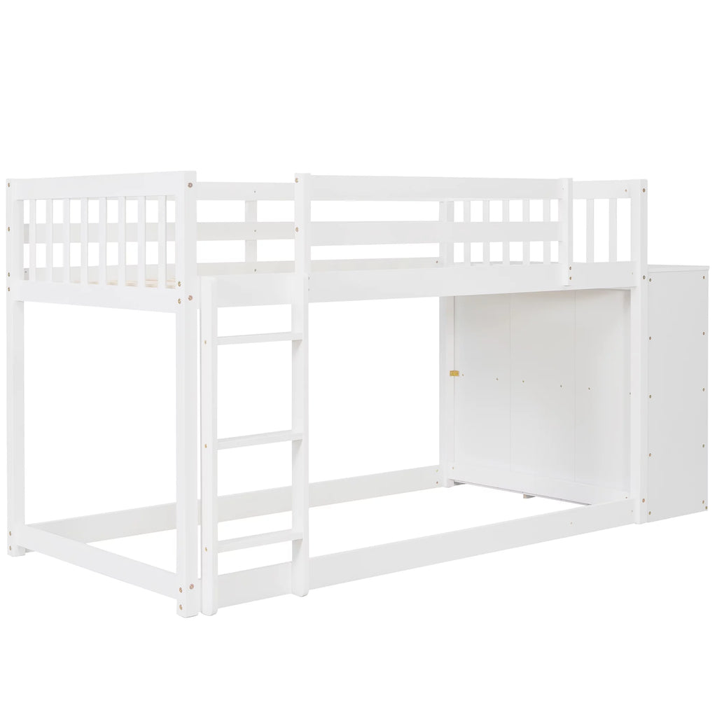 White Wood Twin Over Twin Bunk Bed with Storage Y258