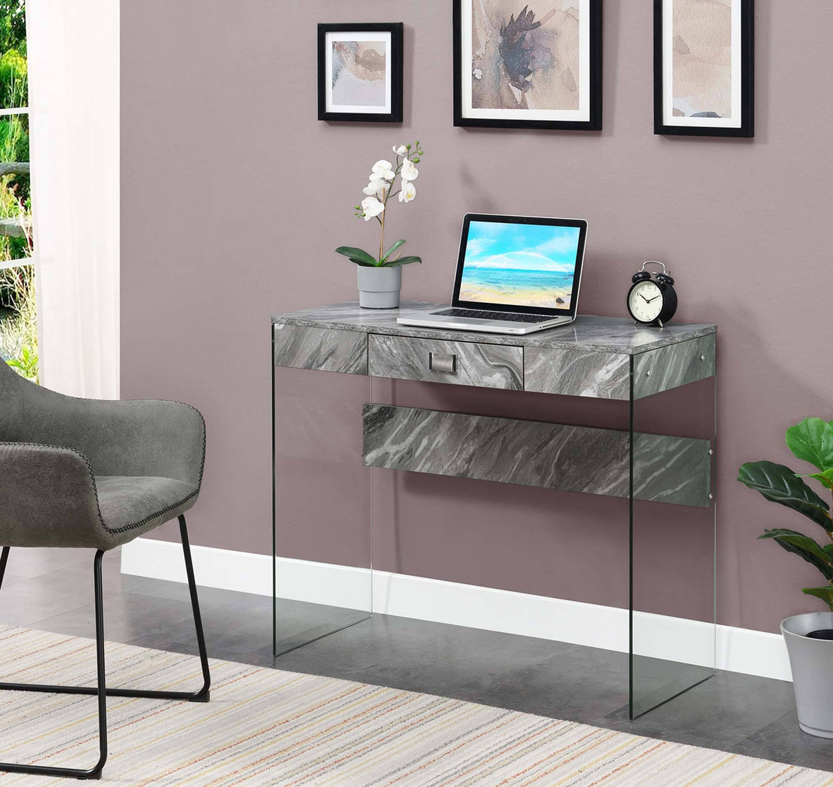 36 in. Glass Desk Gray Marble J787402