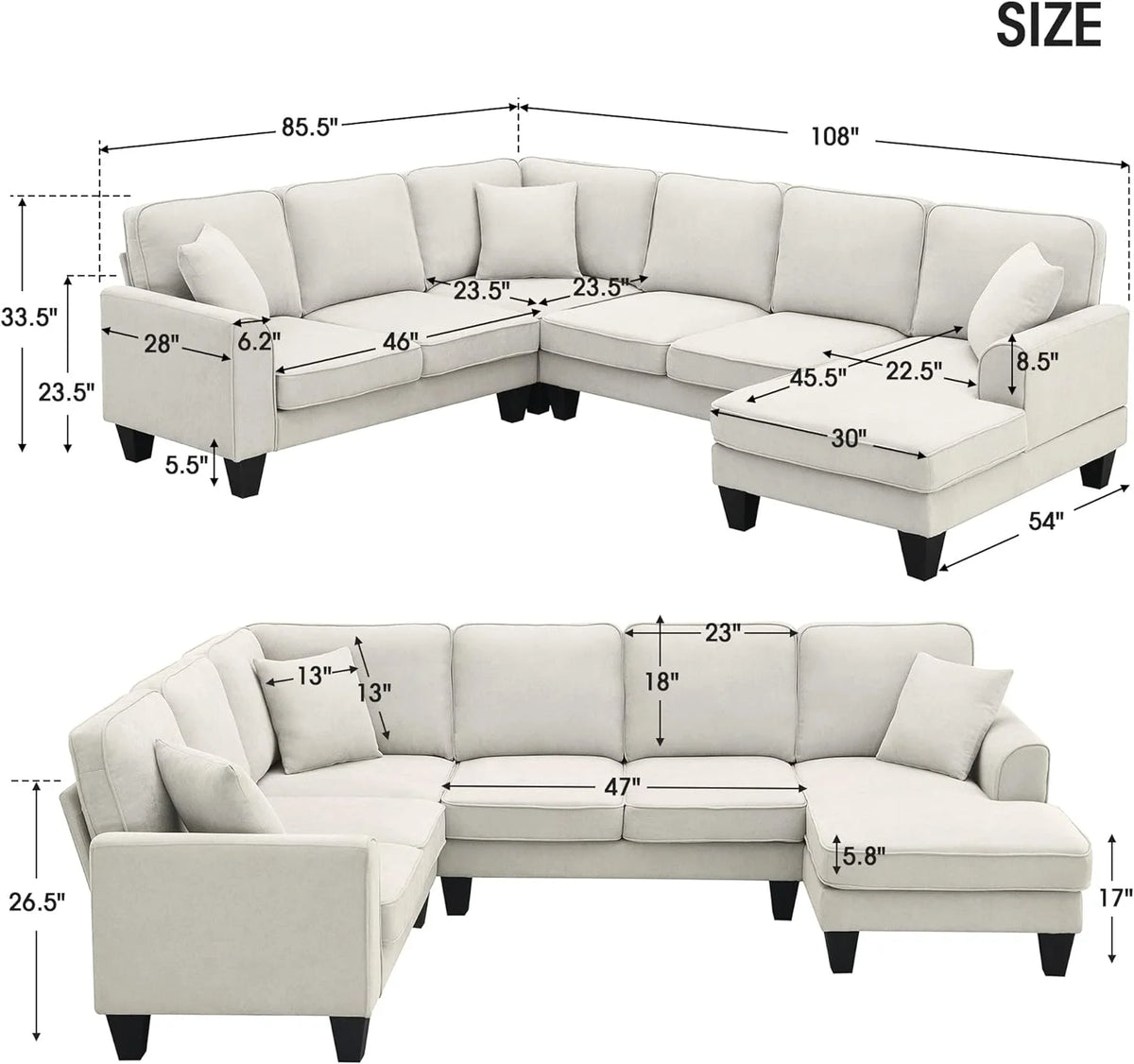 Beige 7-Seat U Shape Fabric Sectional Sofa with 3 Pillows D4027