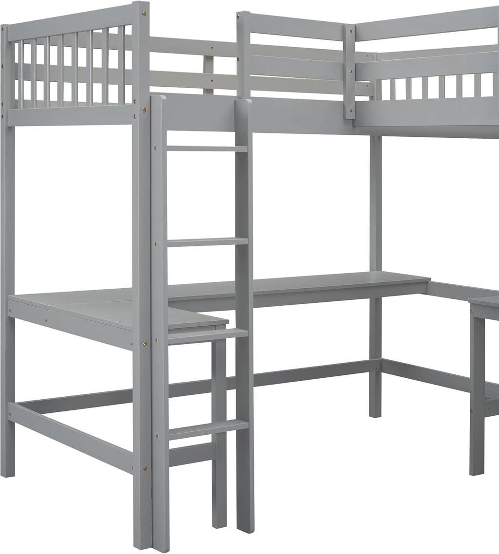 Gray Twin Size L-Shaped Loft Bed with Ladder and 2 Built-in Desks G1602