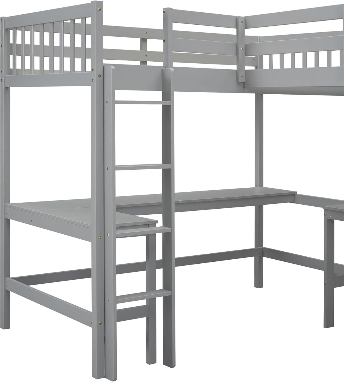 Gray Twin Size L-Shaped Loft Bed with Ladder and 2 Built-in Desks G1602