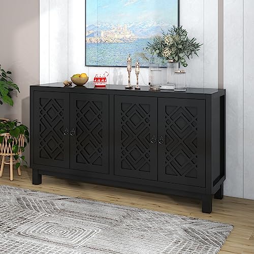 Black Farmhouse Buffet Sideboard with Adjustable Shelves and 4 Doors Wood Cabinet Z919898