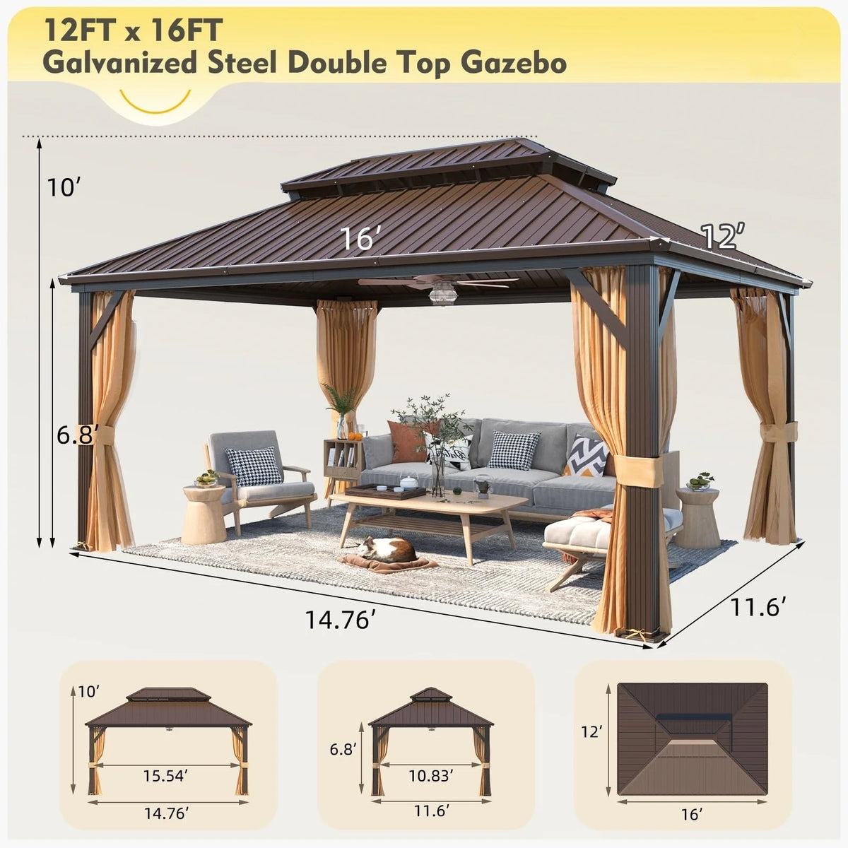 Outdoor Hardtop Gazebo with Galvanized Steel Double Roof & Aluminum Frame 12'x16' L843670