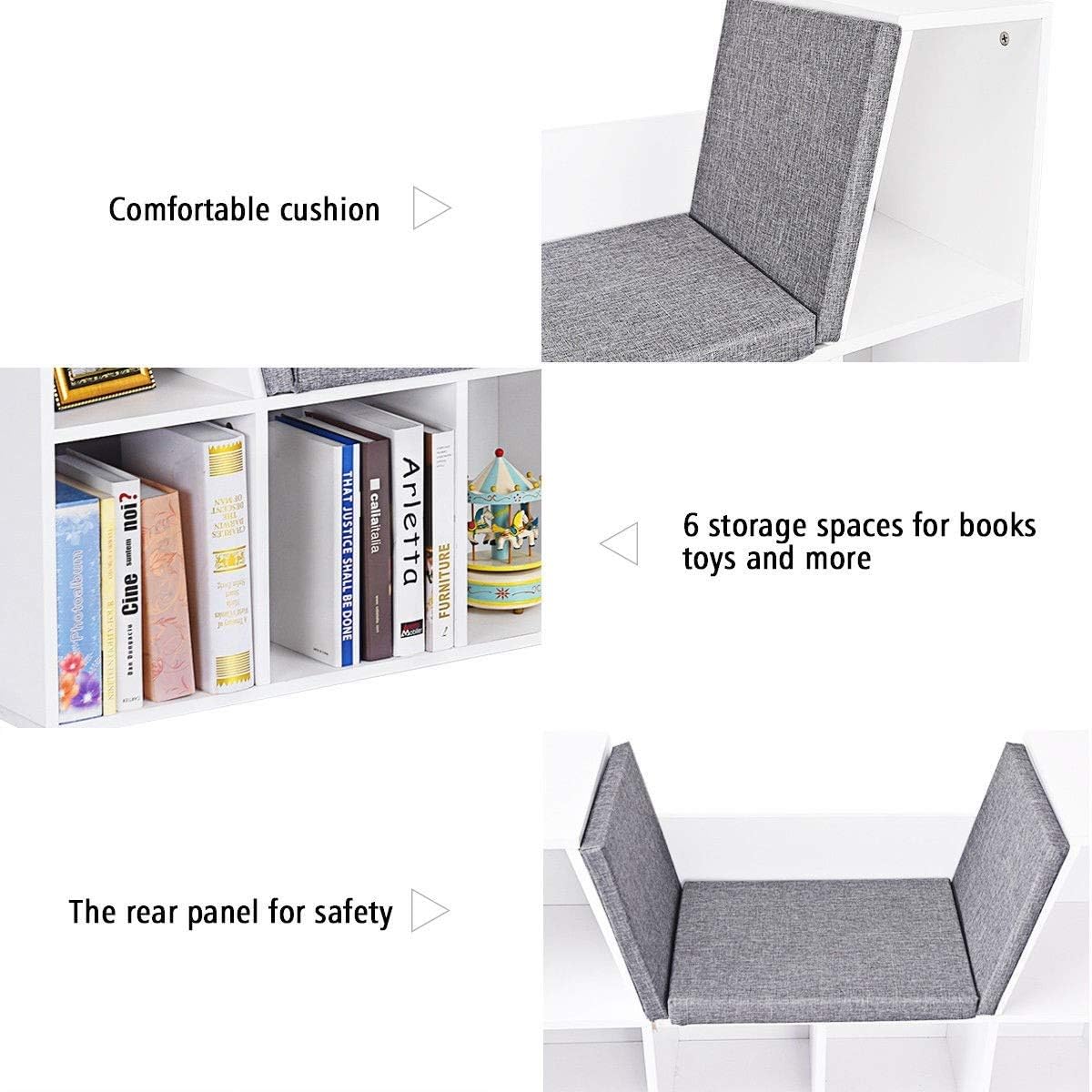 6-Cubby Kid Storage Bookcase Cushioned Reading Nook Bench I96147