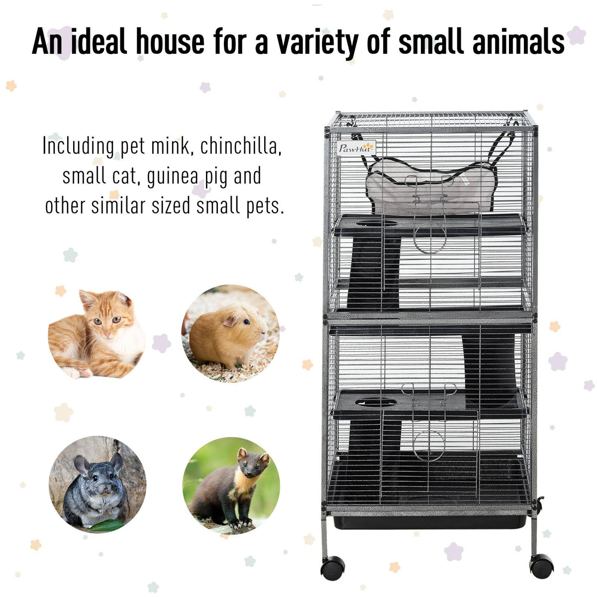 Rolling Small Animal Cage with 4 Platforms and Removable Tray Silver Grey J891