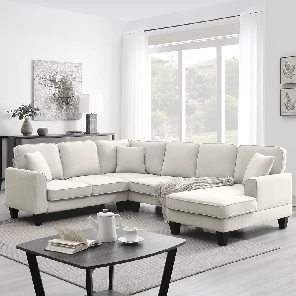 Beige 7-Seat U Shape Fabric Sectional Sofa with 3 Pillows D4027