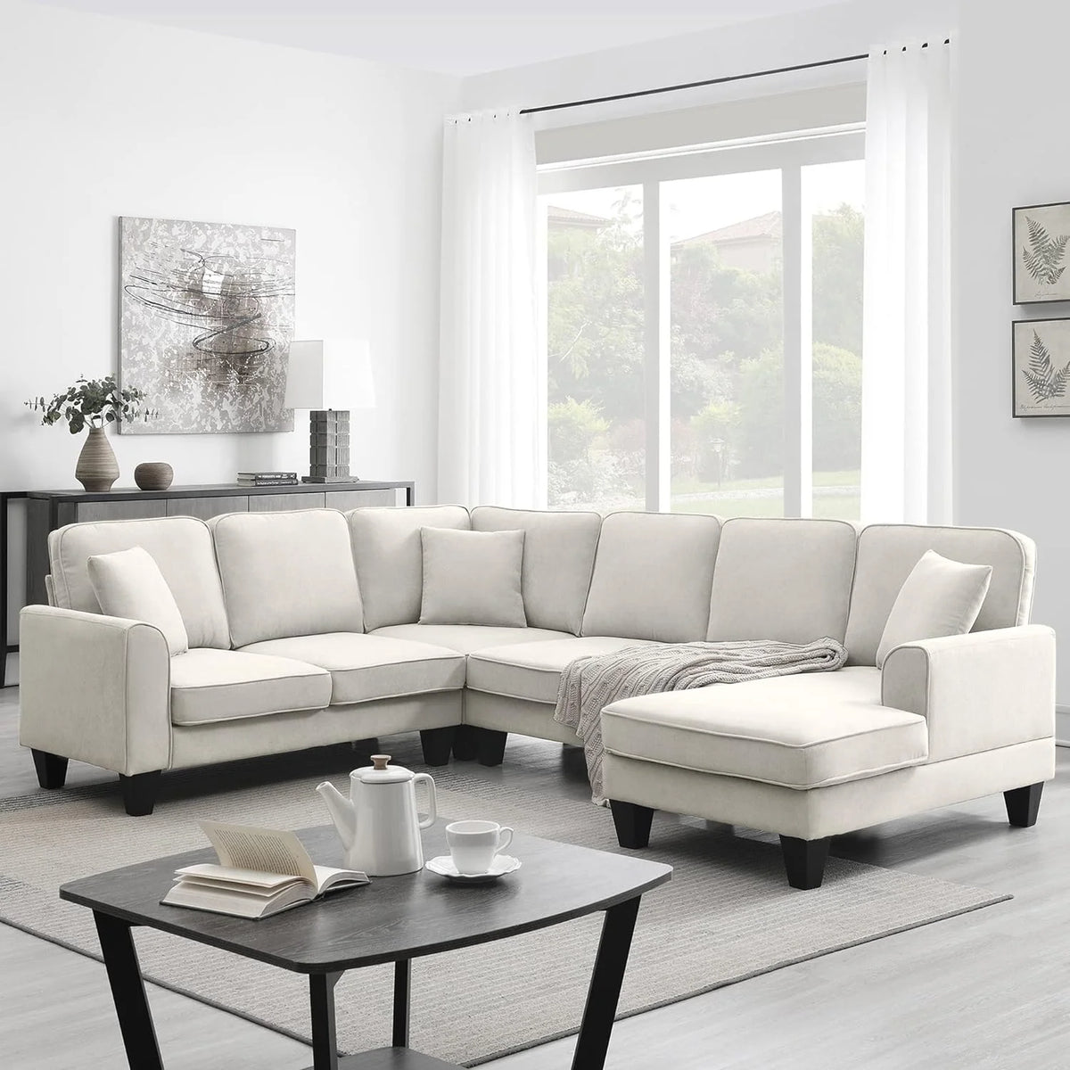 Beige 7-Seat U Shape Fabric Sectional Sofa with 3 Pillows D4027