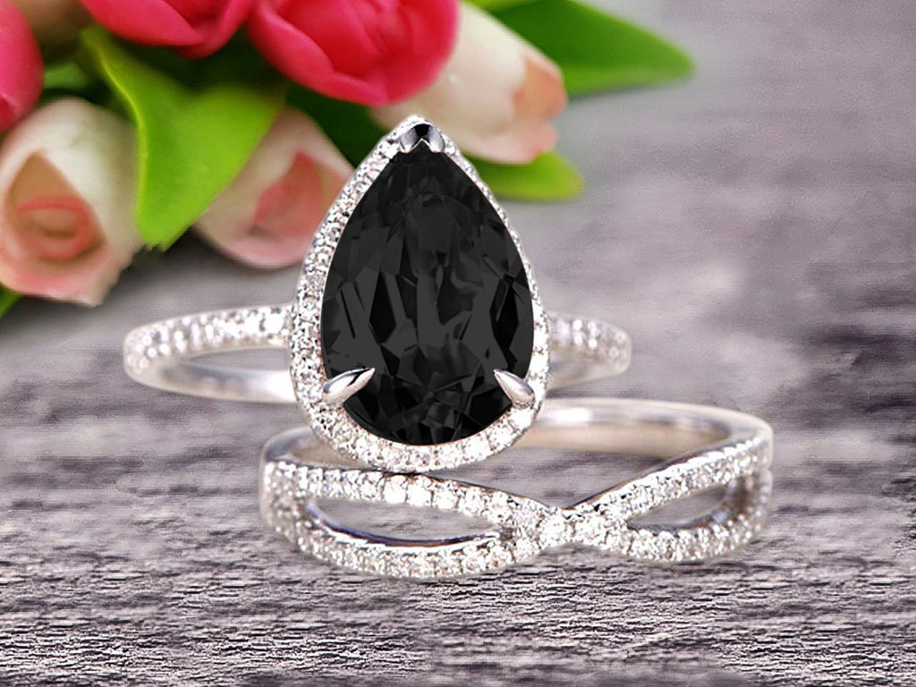 Black Diamond Moissanite Engagement Ring 2.50 Carat Pear Shape 10k White Gold With Matching Band N855