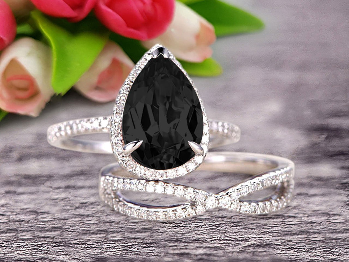 Black Diamond Moissanite Engagement Ring 2.50 Carat Pear Shape 10k White Gold With Matching Band N855