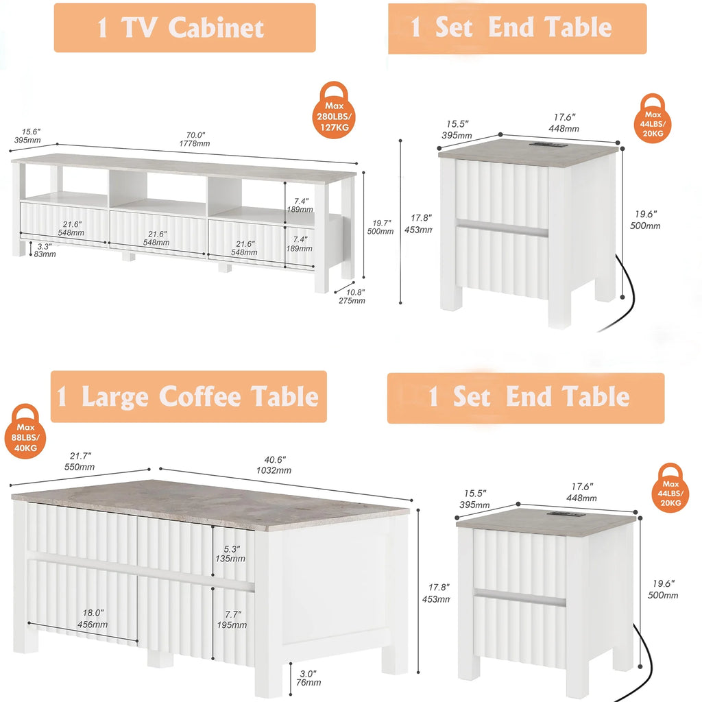 White 4 Piece Living Room Table Set with Storage Drawers and Charging Station Y9247