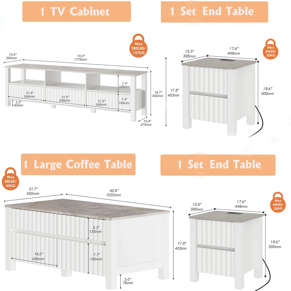 White 4 Piece Living Room Table Set with Storage Drawers and Charging Station Y9247