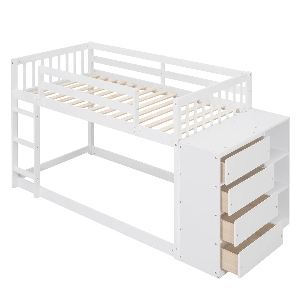 White Wood Twin Over Twin Bunk Bed with Storage Y258