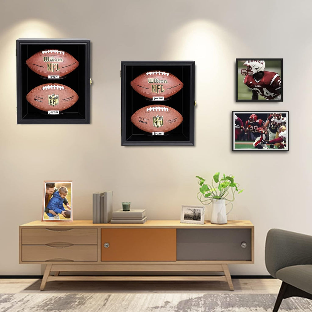 2 Football Display Case Wall Mount Lockable Wood with UV Acrylic Door R4235