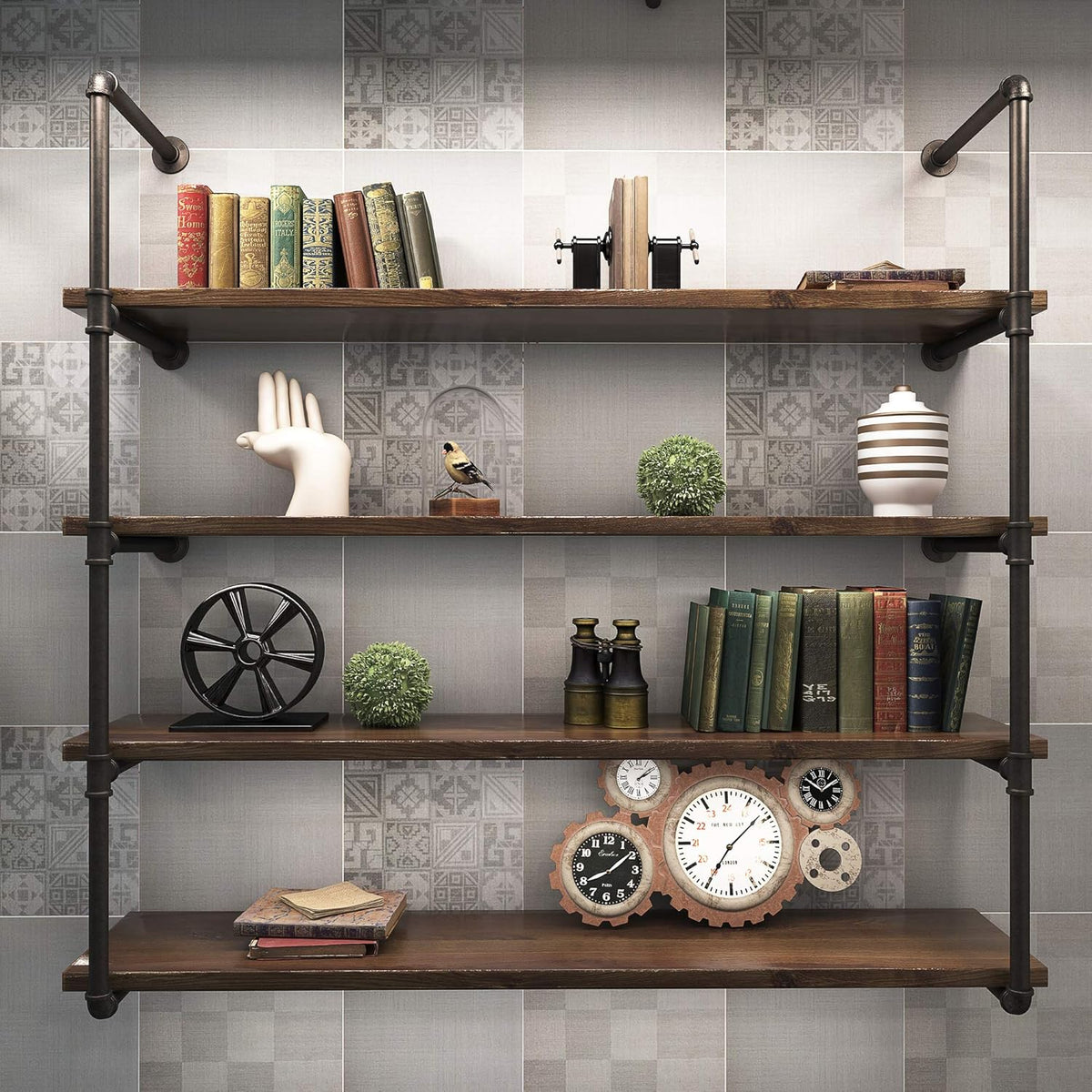 5 Tier Industrial Iron Pipe Wall Mount Bookshelf, 2 Pack 52 Inch C1871
