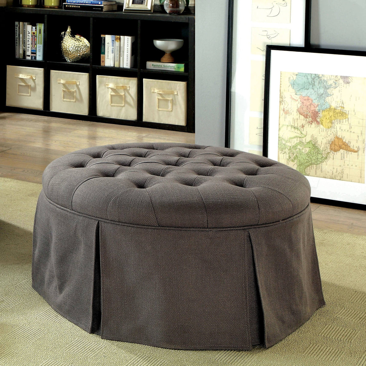 Blue Tufted Round Fabric Ottoman J273