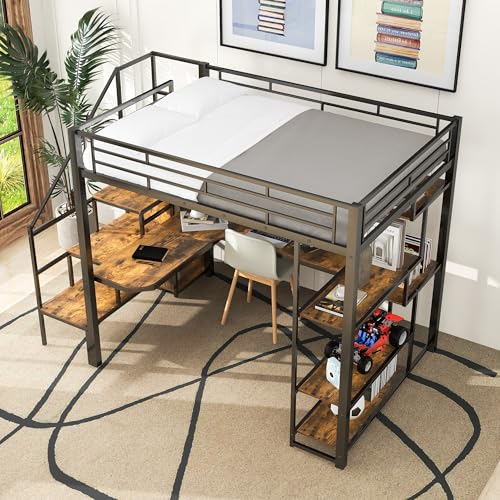 White Full Size Metal Loft Bed with Storage Staircase and Wardrobe K654