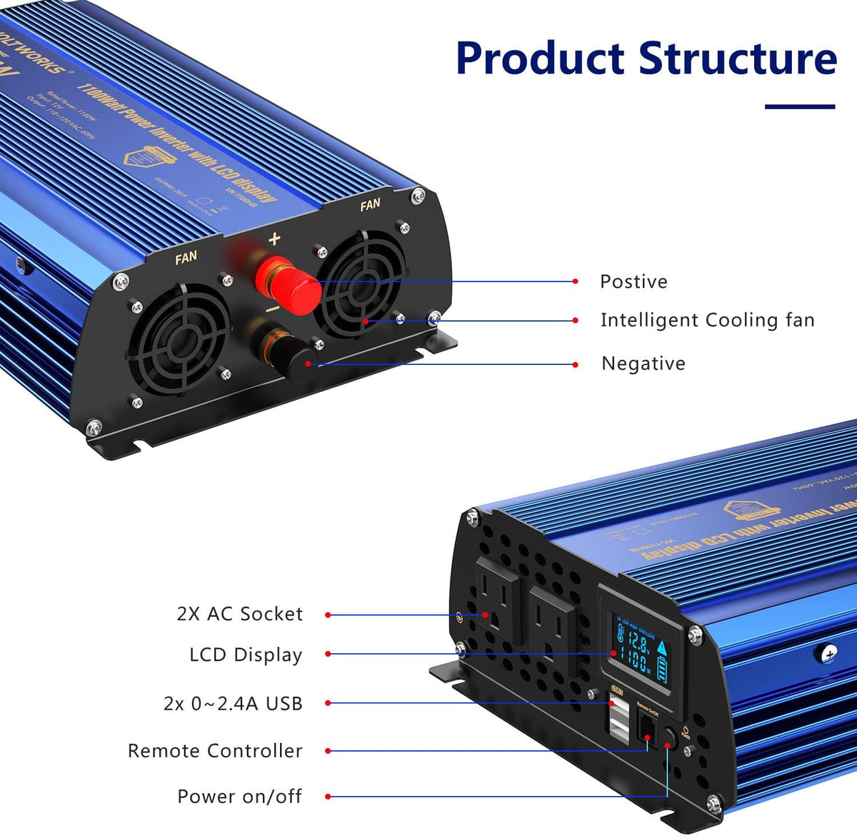 1100 watt Modified Sine Wave Power Inverter with LCD Display Remote Control 2AC Outlets Dual USB Ports P8435