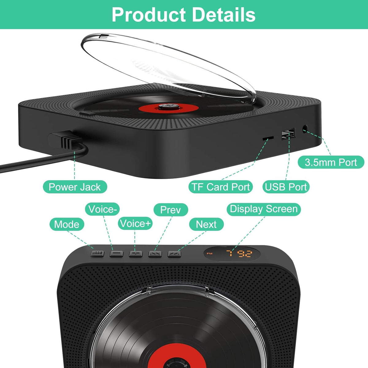 Wall Mounted Bluetooth CD Player with Built-in Dual Speakers M989