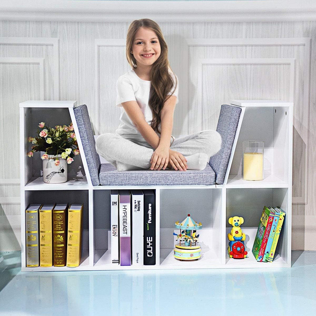 6-Cubby Kid Storage Bookcase Cushioned Reading Nook Bench I96147