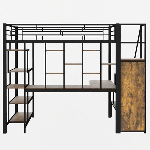 White Full Size Metal Loft Bed with Storage Staircase and Wardrobe K654
