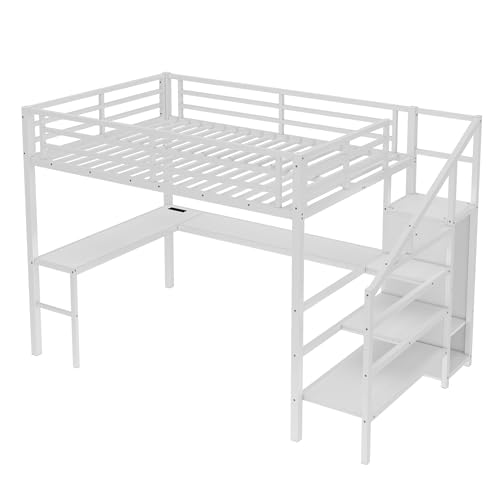 Queen Size Metal Loft Bed with LED Lights & USB Ports, White J9991