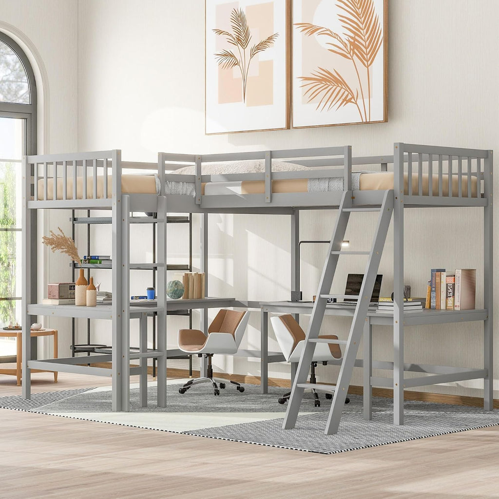 Gray Twin Size L-Shaped Loft Bed with Ladder and 2 Built-in Desks G1602