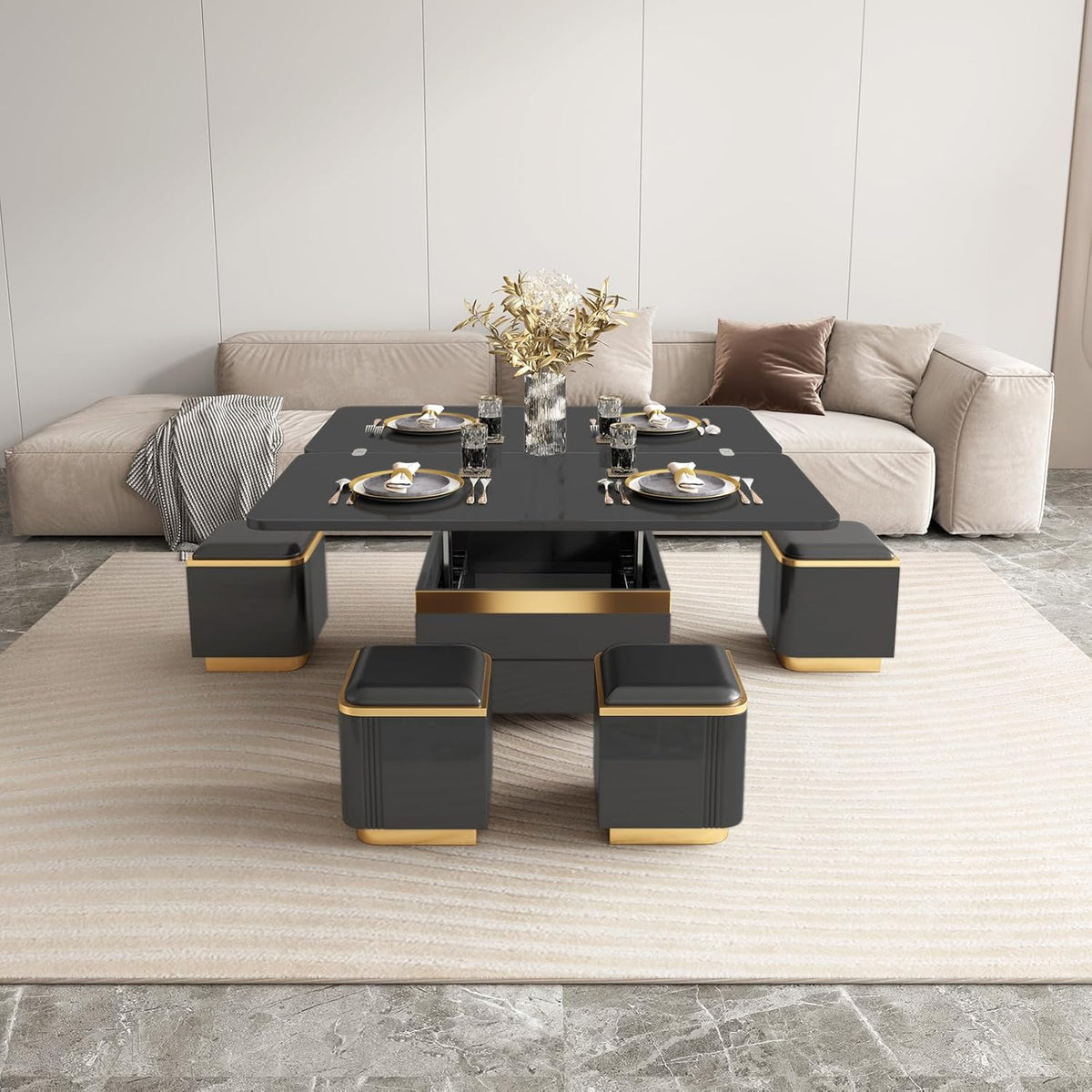Black Lift Top Coffee Table with 4 Storage Stools F144