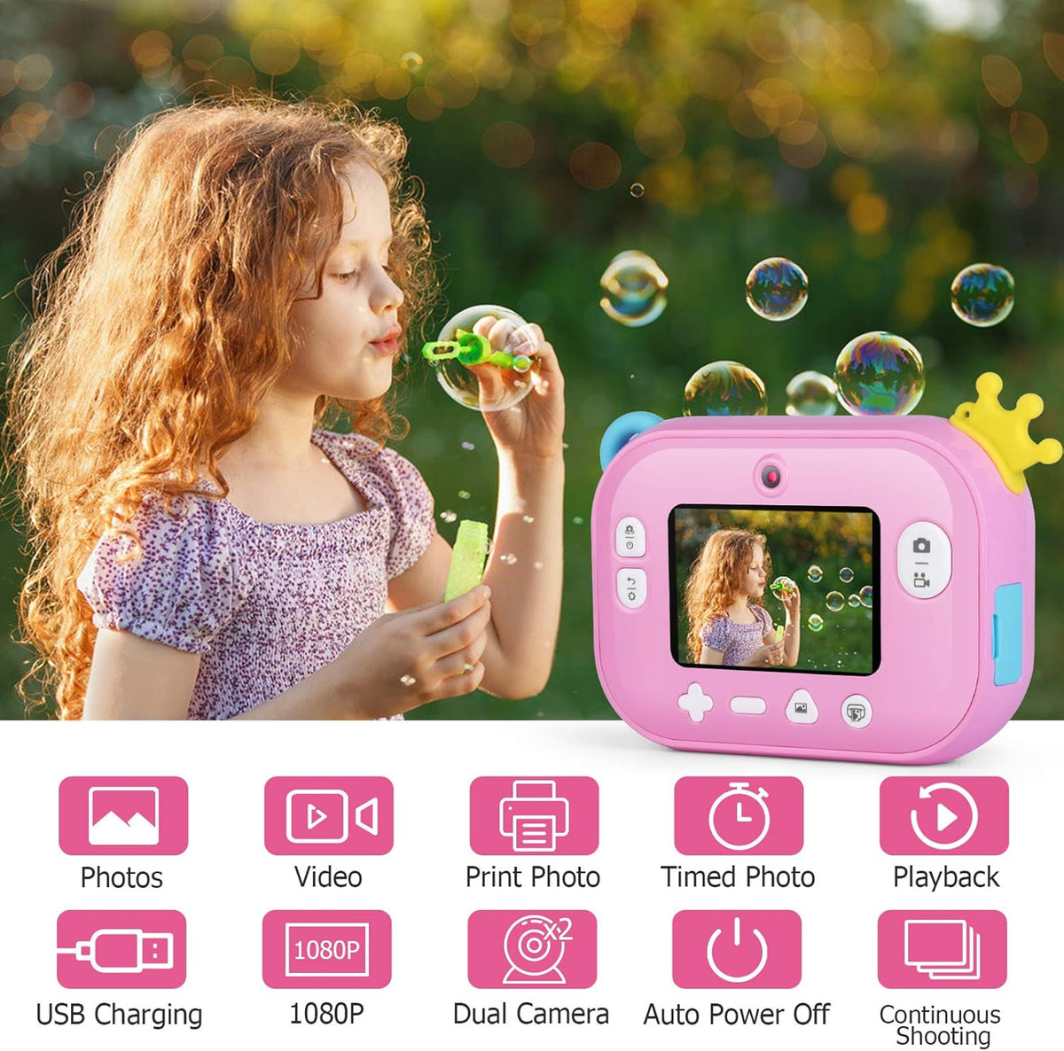 Instant Print Camera for Kids, Zero Ink Kids Camera with Print Paper, Selfie Video Digital Camera with HD 1080P 2.4 Inch IPS Screen Z599