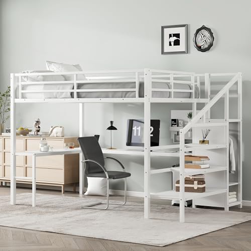 Queen Size Metal Loft Bed with LED Lights & USB Ports, White J9991