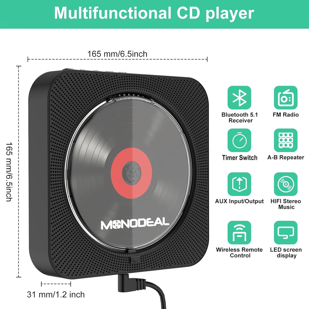 Wall Mounted Bluetooth CD Player with Built-in Dual Speakers M989