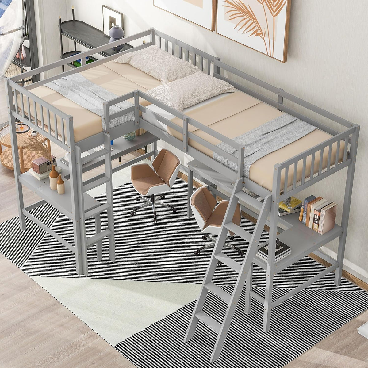 Gray Twin Size L-Shaped Loft Bed with Ladder and 2 Built-in Desks G1602